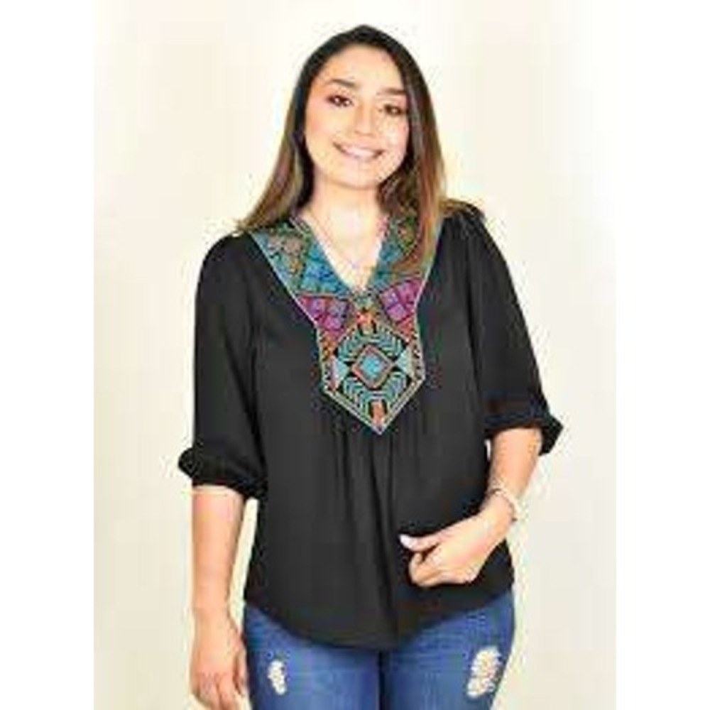 CACHE BLACK Embroidered Boho VNeck Tunic Women Blouse 3/4 Sleeve Geometric Top M